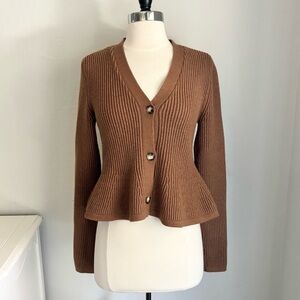 William B Brown Ribbed Button Front Cardigan Sweater Flare Peplum Hem, Medium